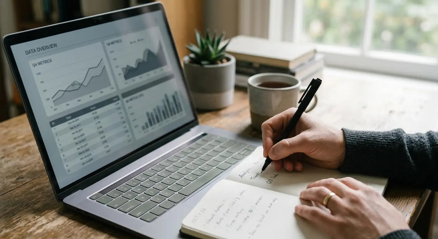 Laptop s grafem statistik a poznámkami pro ověření kvality tipů